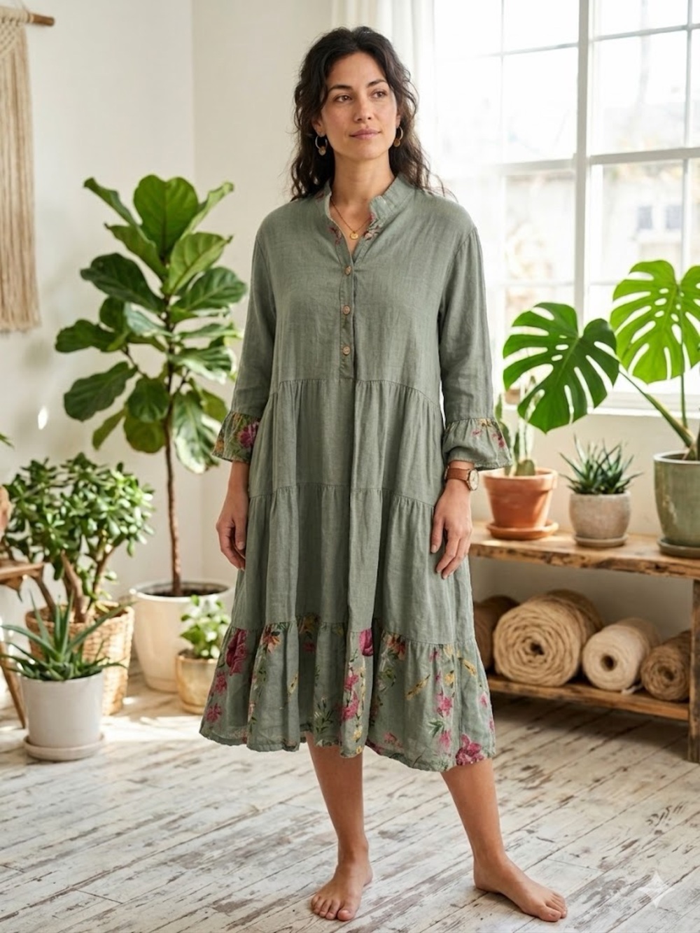 SAGA Made in Italy Linen Tiered Dress Sage Green Floral Cottagecore Midi Tunic